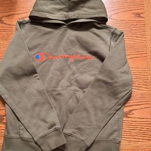 Champion hoodie. Military green with orange logo